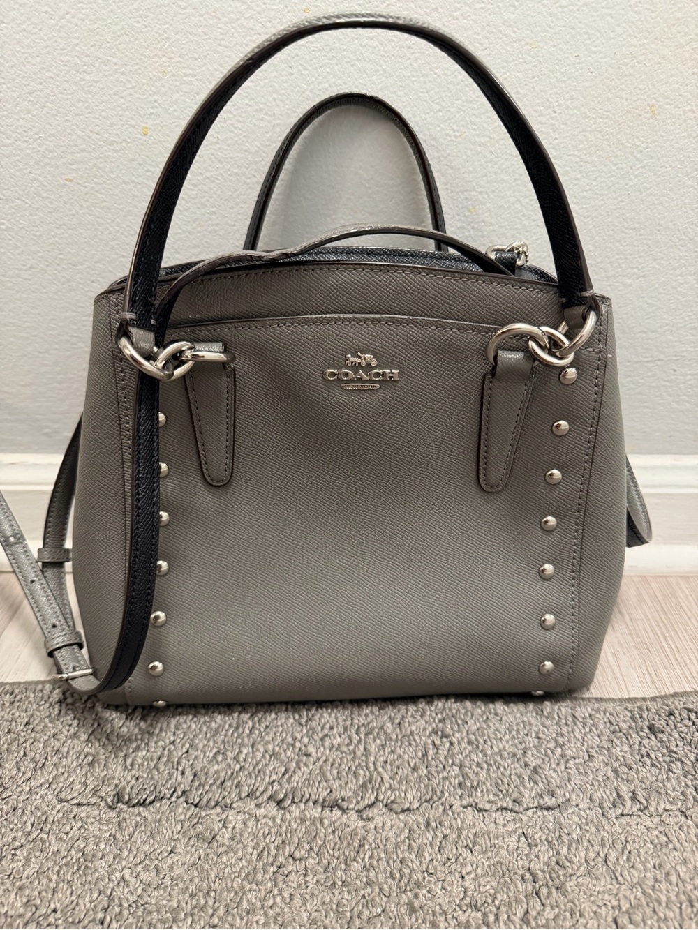 Coach Gray Pebble Leather Studded Satchel with Black Trim